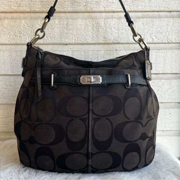 COACH Signature Black Brown Chelsea Hobo Kristin Shoulder Bag Baguette 17834 - Picture 1 of 11